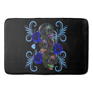 Dreifachschwarzer Tag der Toten Schädel Blaue Rose Badematte