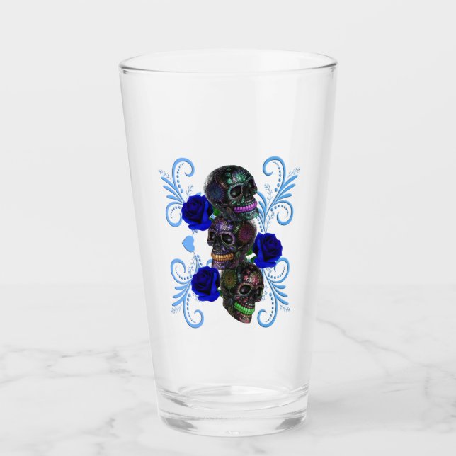 Dreifachschwarzer Tag der Toten Schädel Blaue Rose Glas (Vorderseite)