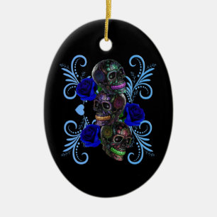 Dreifachschwarzer Tag der Toten Schädel Blaue Rose Keramik Ornament