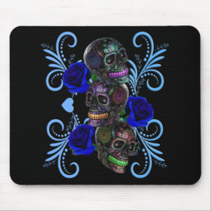 Dreifachschwarzer Tag der Toten Schädel Blaue Rose Mousepad