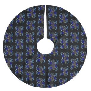 Dreifachschwarzer Tag der Toten Schädel Blaue Rose Polyester Weihnachtsbaumdecke