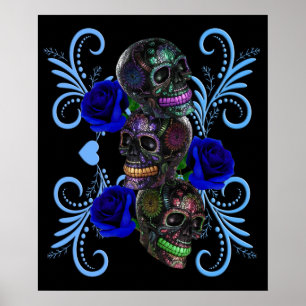 Dreifachschwarzer Tag der Toten Schädel Blaue Rose Poster