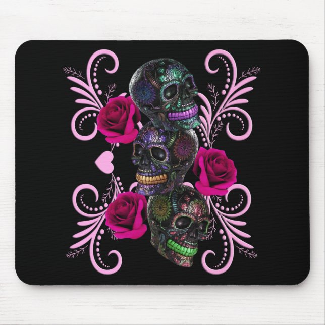 Dreifachschwarzer Tag der Toten Schädel Rosenstein Mousepad (Vorne)