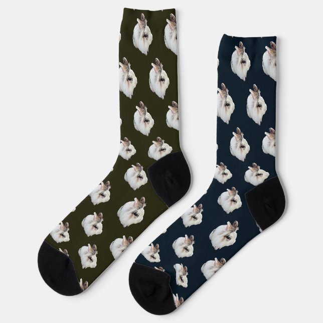 Dreifarben-Löwenkopfkaninchen Socken (Linkes Detail)