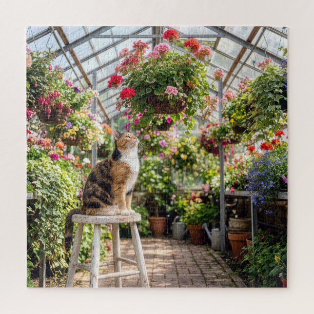 Dreifarbige Katze auf einem Hocker im Gewächshaus Puzzle (Vertikal)