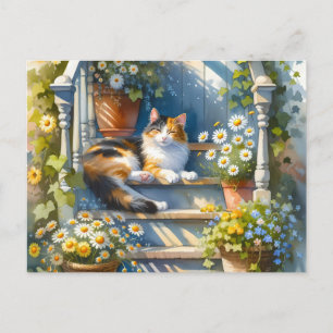 Dreifarbige Katze auf einer Blumenumrankten Verand Postkarte