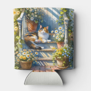 Dreifarbige Katze auf floraler Veranda Cottagecore Dosenkühler
