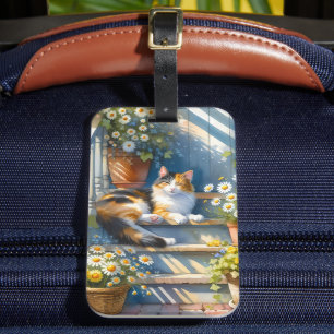 Dreifarbige Katze auf floraler Veranda Cottagecore Gepäckanhänger