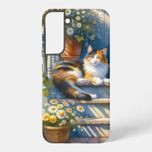 Dreifarbige Katze auf floraler Veranda Cottagecore Samsung Galaxy Hülle