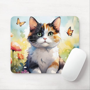 Dreifarbige Katze im Frühlingsgarten mit Schmetter Mousepad