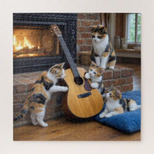 Dreifarbige Katze mit Kätzchen und Gitarre Puzzle