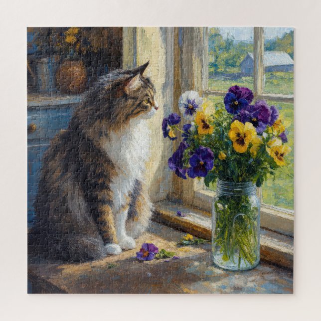 Dreifarbige Katze mit Stiefmütterchen-Sträußchen a Puzzle (Vertikal)