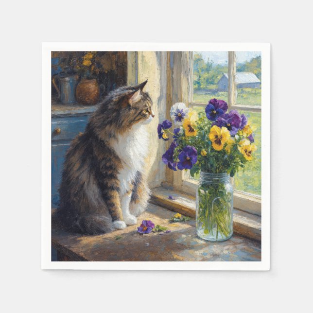 Dreifarbige Katze mit Stiefmütterchen-Sträußchen a Serviette (Vorderseite)