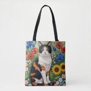 Dreifarbige Katze und volkstümliche Sonnenblumen