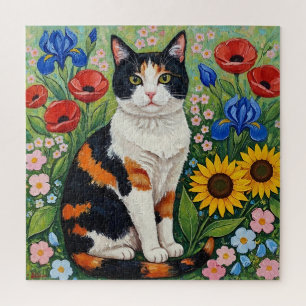 Dreifarbige Katze und volkstümliche Sonnenblumen Puzzle