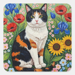Dreifarbige Katze und volkstümliche Sonnenblumen Quadratischer Aufkleber