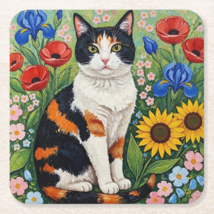 Dreifarbige Katze und volkstümliche Sonnenblumen Rechteckiger Pappuntersetzer