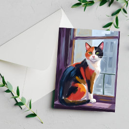 Dreifarbige Katze | Wasserfarben-Fensterbank-Haust