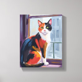 Dreifarbige Katze | Wasserfarben-Fensterbank-Haust Leinwanddruck