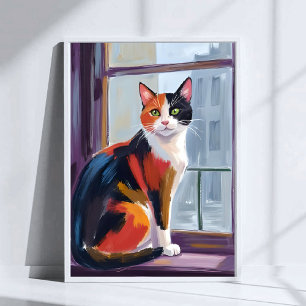 Dreifarbige Katze Wasserfarben-Fensterbank-Tierk Poster