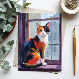 Dreifarbige Katze | Wasserfarben-Katze auf dem Fen Postkarte