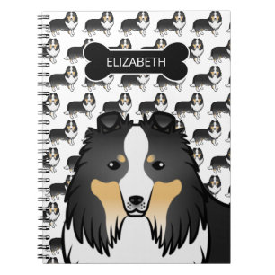 Dreifarbiges Cartoon-Sheltie mit Hundeknochen und  Notizblock