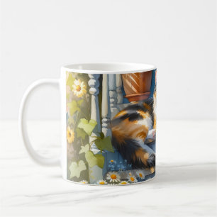 Dreifarbiges Katze auf floraler Veranda Cottagecor Kaffeetasse