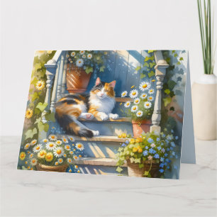 Dreifarbiges Katze auf floraler Veranda Cottagecor Karte