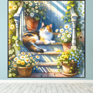 Dreifarbiges Katze auf floraler Veranda Cottagecor Leinwanddruck