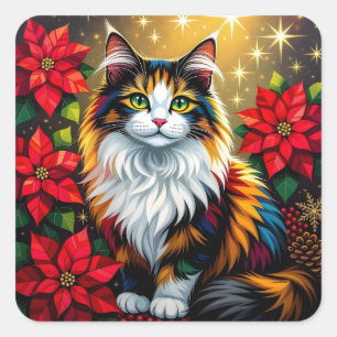Dreifarbiges Katze, Weihnachtssterne Rot und Gold  Quadratischer Aufkleber