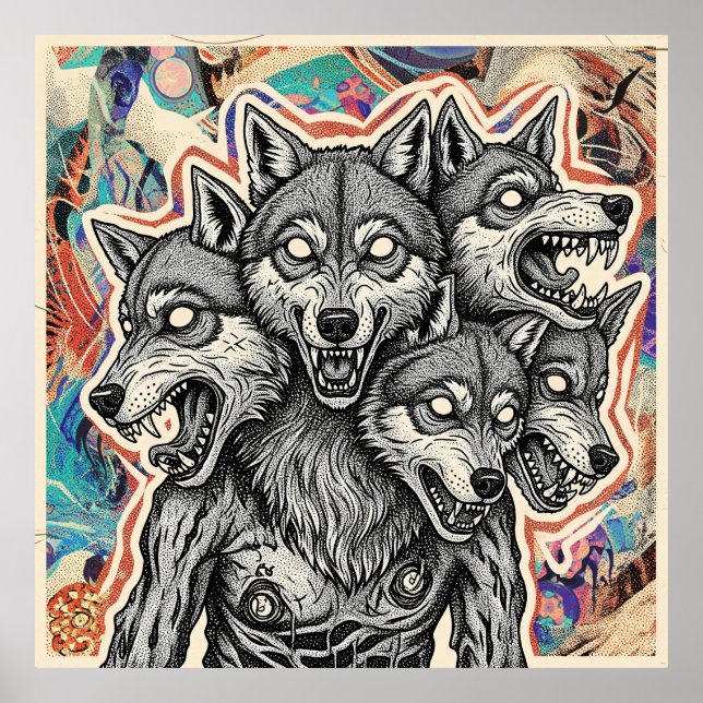Dreiköpfige Wolfskreatur Poster (Vorne)