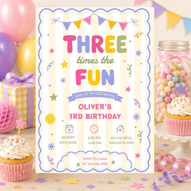 Dreimal Spaß Bunter Junge 3. Geburtstag Einladung (Von Creator hochgeladen)