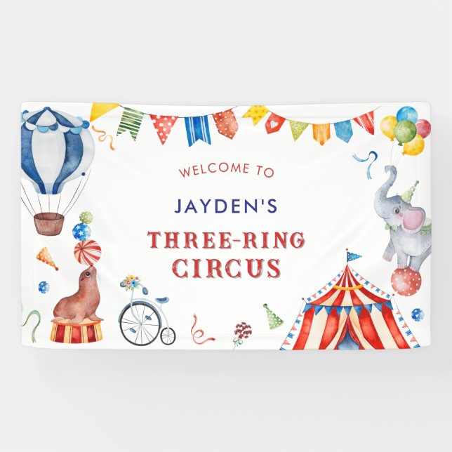 Dreiring-Zirkus-Karneval-Geburtstags-Willkommen Banner (Horizontal)