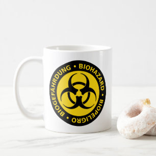 Dreisprachige Biogefährdung Warnungen Tasse