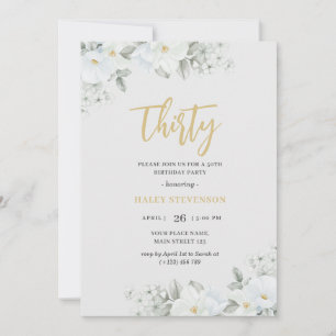 Dreißig Weiß & Gold Elegantes Weißes Florales Gebu Einladung