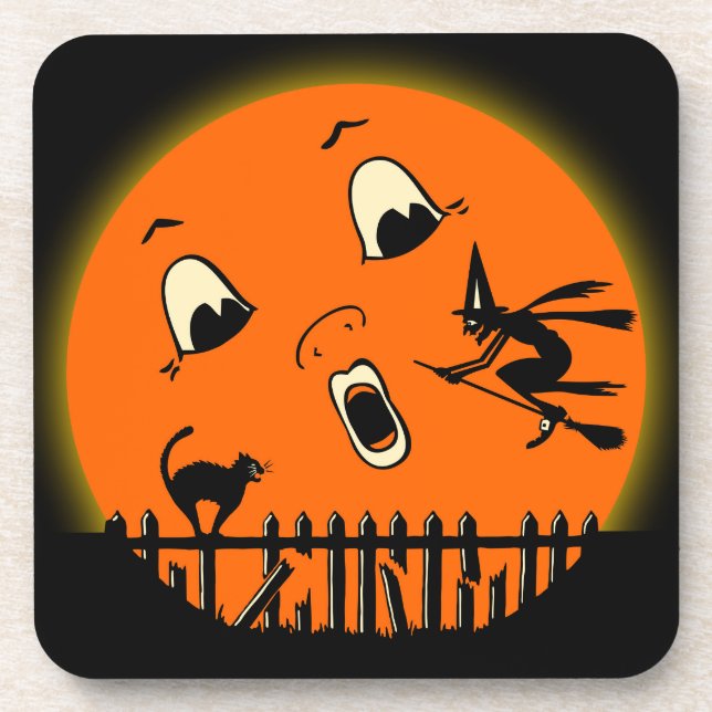 Dreißigerjahre Halloween-Hexe u. Vollmond Getränkeuntersetzer (Vorderseite)