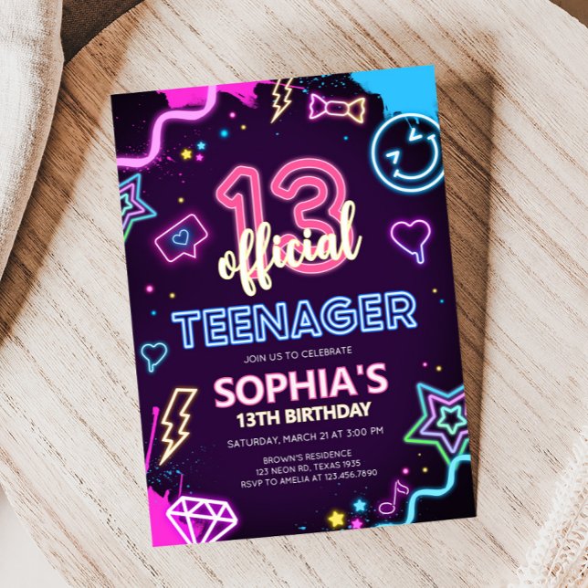 Dreizehn Neon Teenager Geburtstagsparty Einladung (Neon Official Thirteen Birthday Party Invitation)