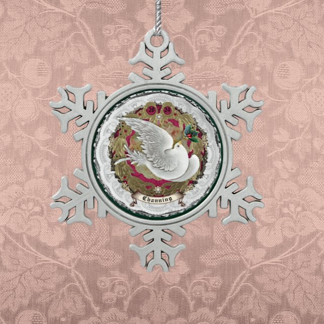 Dresden Lace Snow Dove Ornament (On Antique Blush Silk Damask)