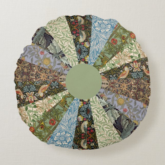 Dresden Plate Patchwork Quilt William Morris Green Rundes Kissen (Vorderseite)