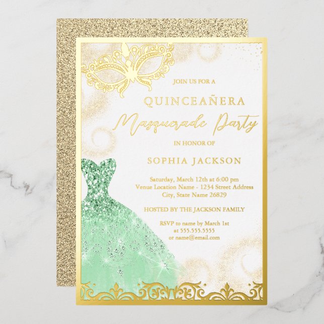 Dress Gold Green Masquerade Party Quinceanera Folieneinladung (Vorderseite/Rückseite)