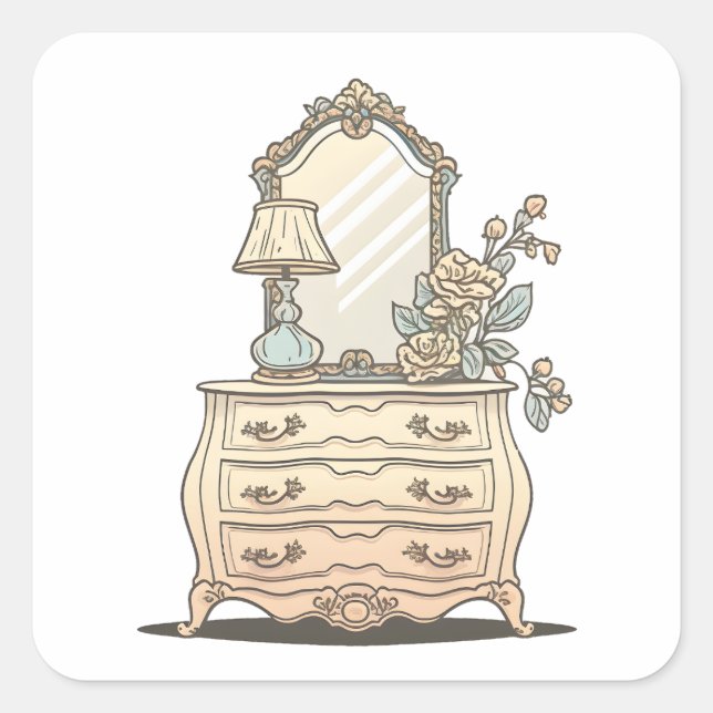 Dresser mit alter Lampe und Blume Quadratischer Aufkleber (Vorderseite)