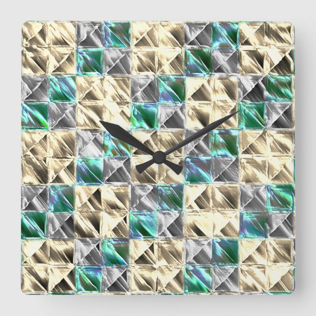 Dressianische Minze, beige- und silberne Fliesen o Quadratische Wanduhr (Vorderseite)