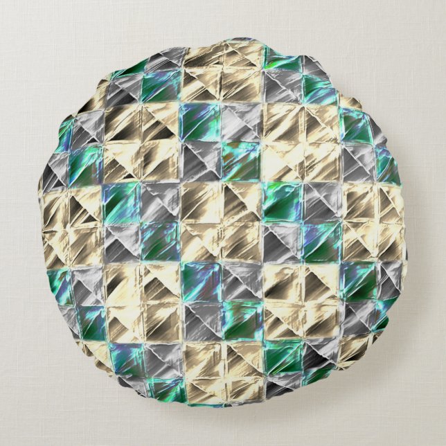 Dressianische Minze, beige- und silberne Fliesen o Rundes Kissen (Rückseite)