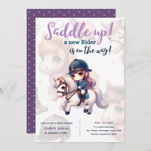 Dressur Rider Baby Girl Duwer Reiter unterwegs Einladung (Vorne/Hinten)