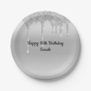 Driften Glitzer Silver Personalisiert Geburtstag Pappteller