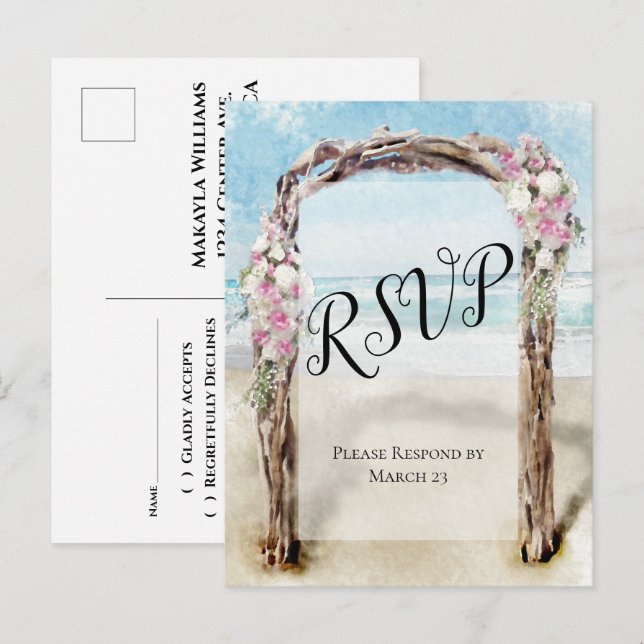 Driftwood Beach Arbour mit Rose Wedding RSVP Postkarte (Vorne/Hinten)