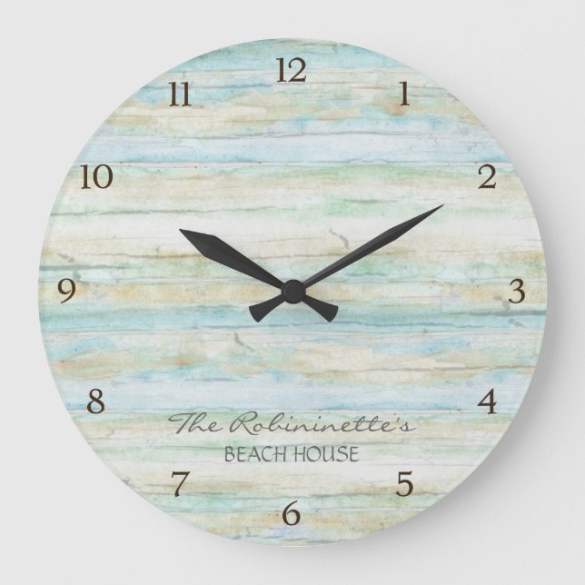 Driftwood Ocean Beach House Coastal Seashore Große Wanduhr (Vorderseite)