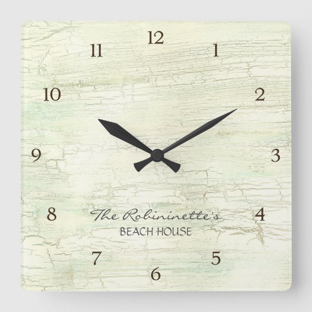 Driftwood Ocean Beach House Coastal Seashore Quadratische Wanduhr (Vorderseite)