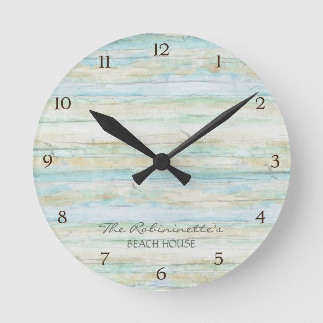 Driftwood Ocean Beach House Coastal Seashore Runde Wanduhr (Vorderseite)
