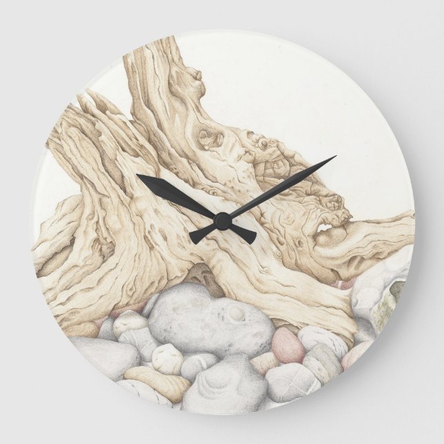 Driftwood & Pebbles in Coloured Pencil Wall Clock Große Wanduhr (Vorderseite)